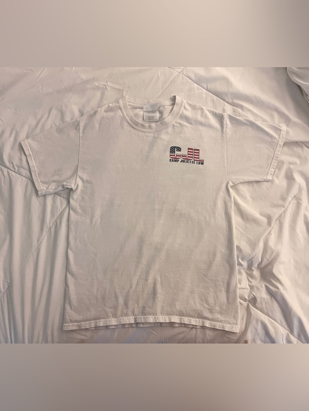 Port and Company White Long-Sleeve Tee with Red & Blue Flag Graphic